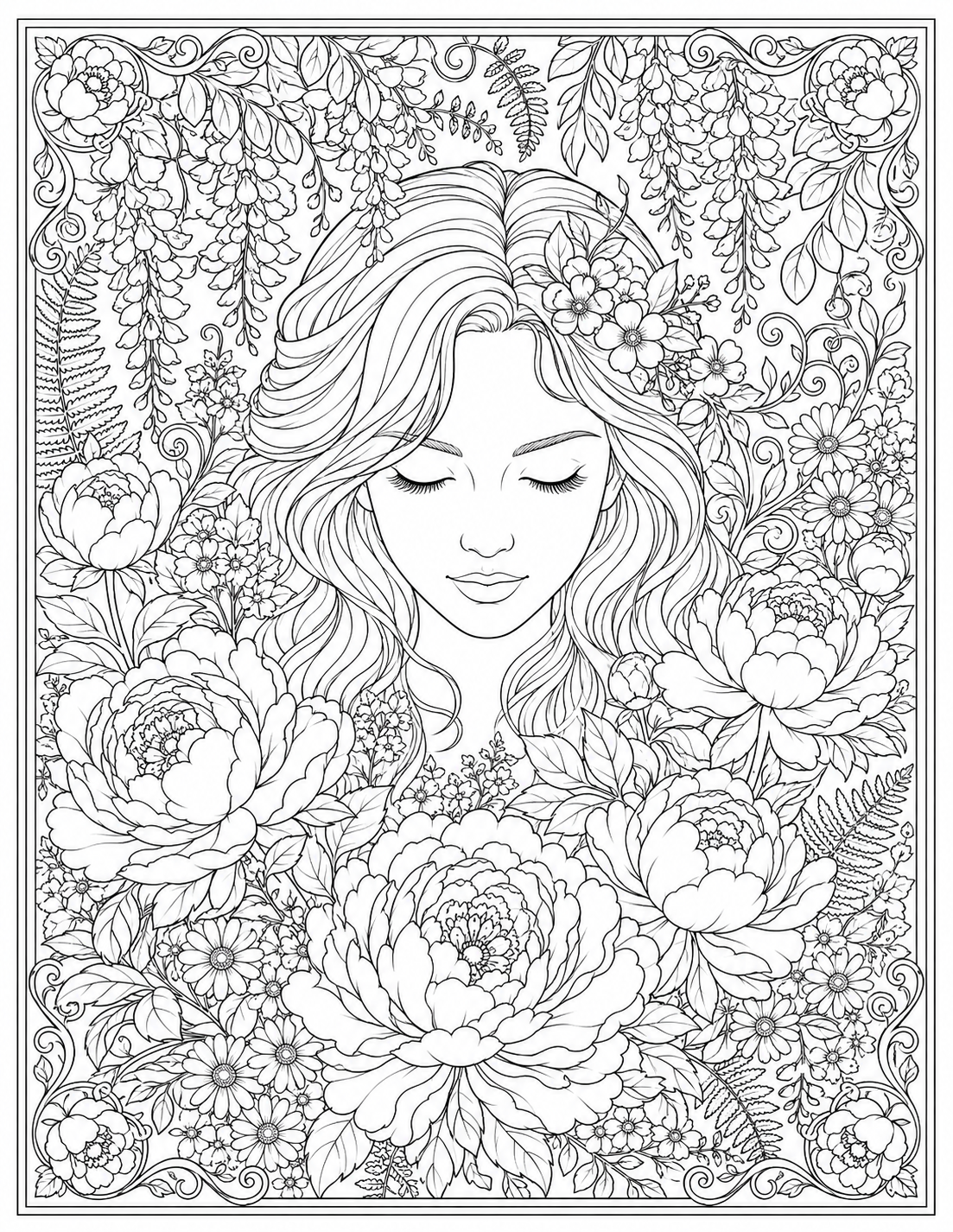 Woman with eyes closed surrounded by peonies and flowers — coloring page