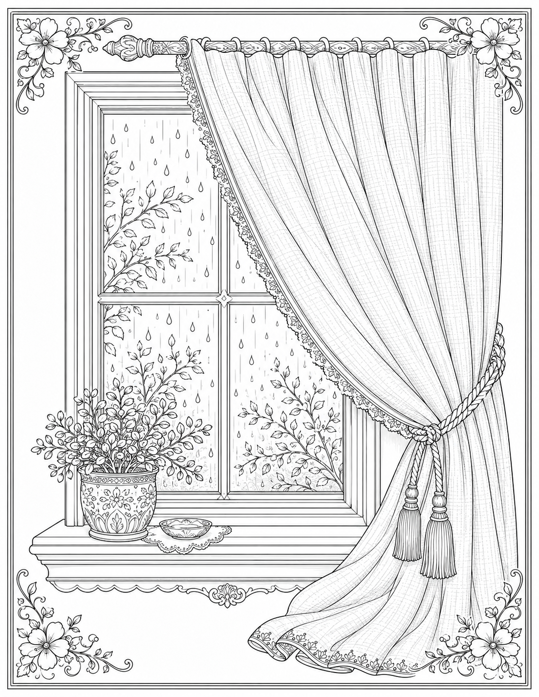 Rain outside a window with curtains — coloring page