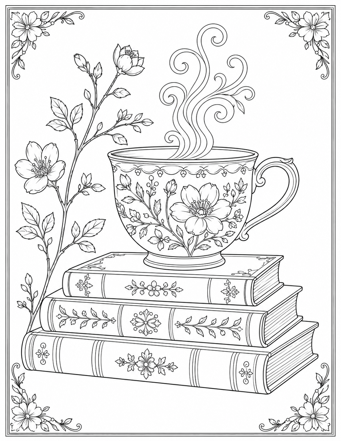 Teacup on stacked books with florals — coloring page