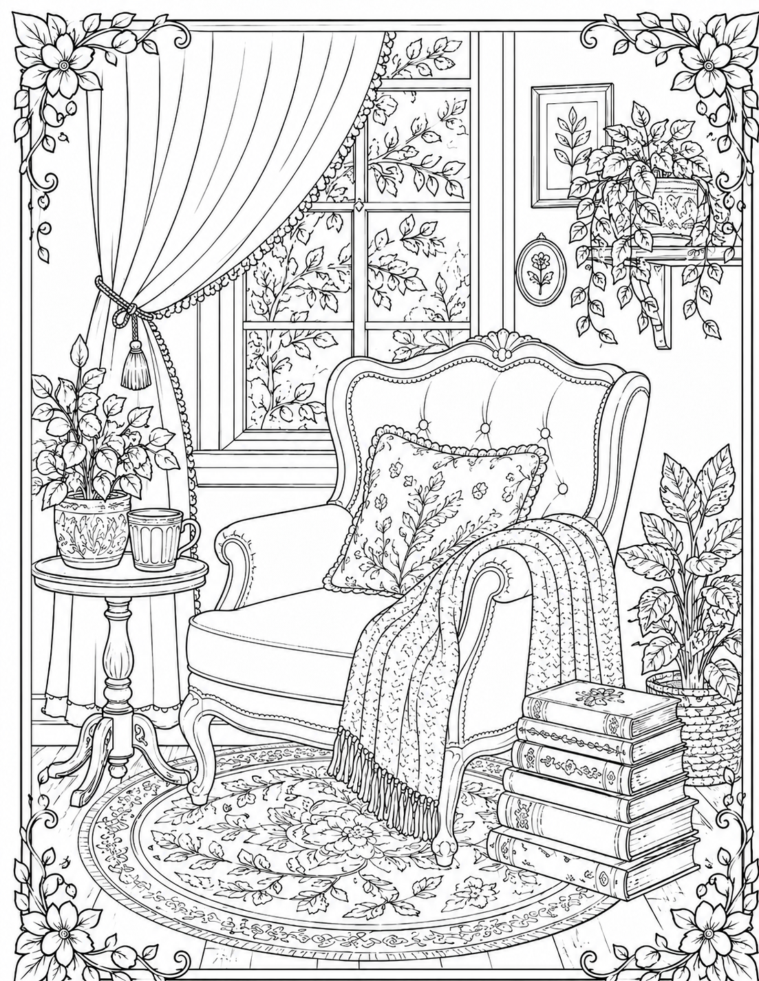 Reading nook with armchair, blanket, and books — coloring page