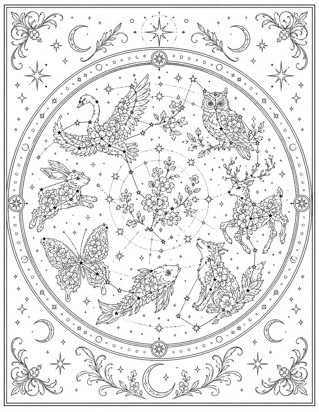 Botanical constellations with celestial animals — coloring page