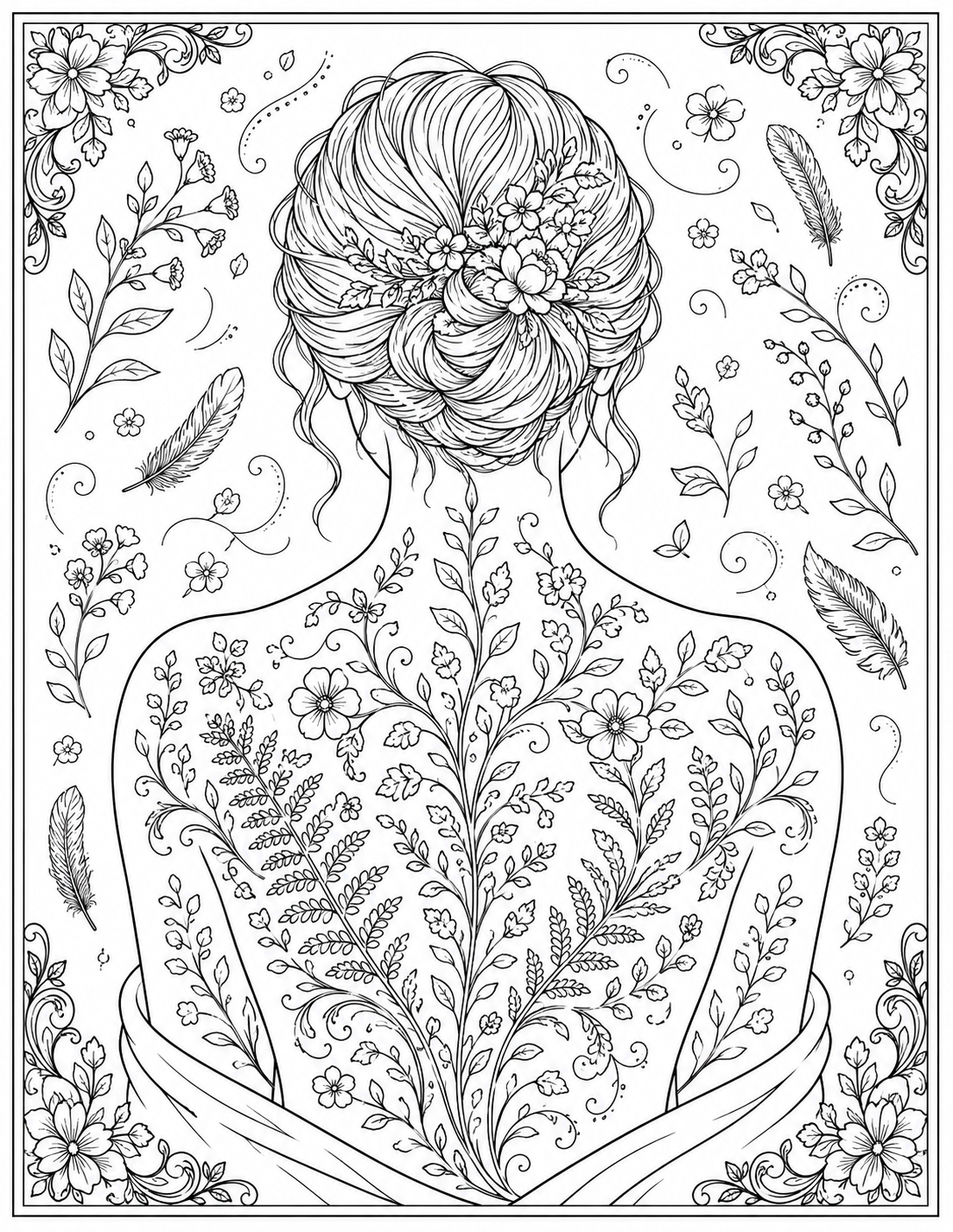 Woman's back with floral botanicals growing from her — coloring page