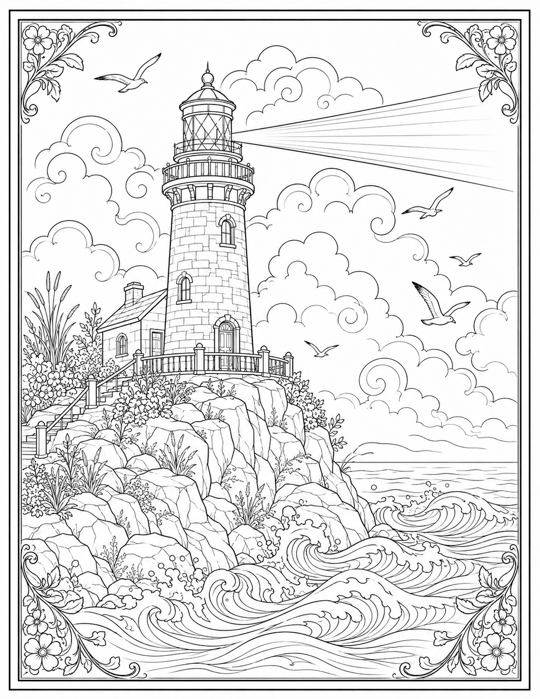 Lighthouse on rocky coast with waves — coloring page