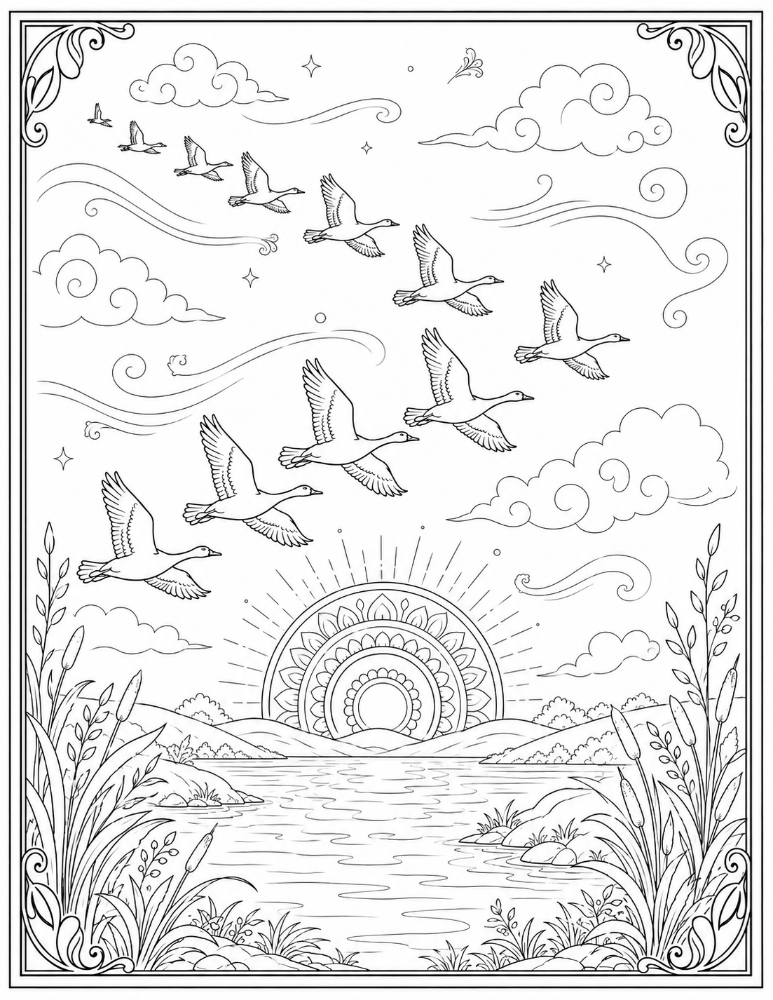 Birds flying over a sunrise horizon — coloring page