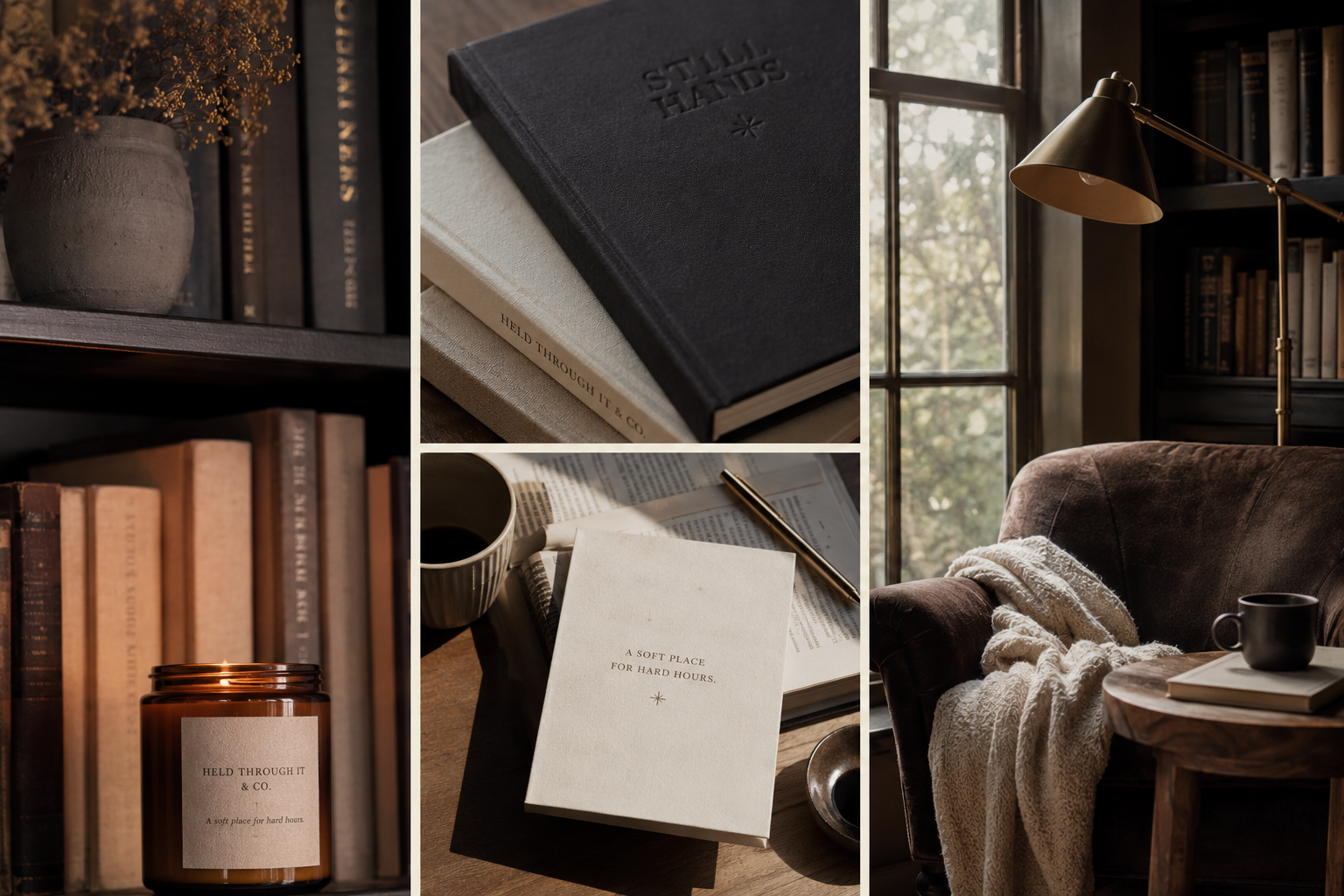 Still Hands coloring book and Held Through It & Co. brand objects on a warm surface