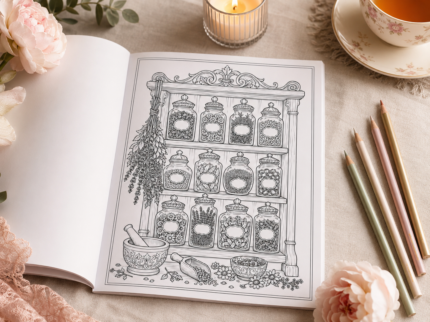 Still Hands coloring book open to apothecary shelf page with candle and flowers