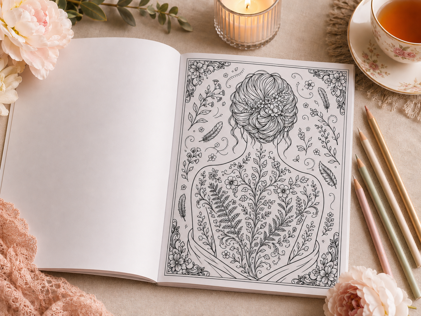 Still Hands coloring book open to woman with flowers with pencils and tea