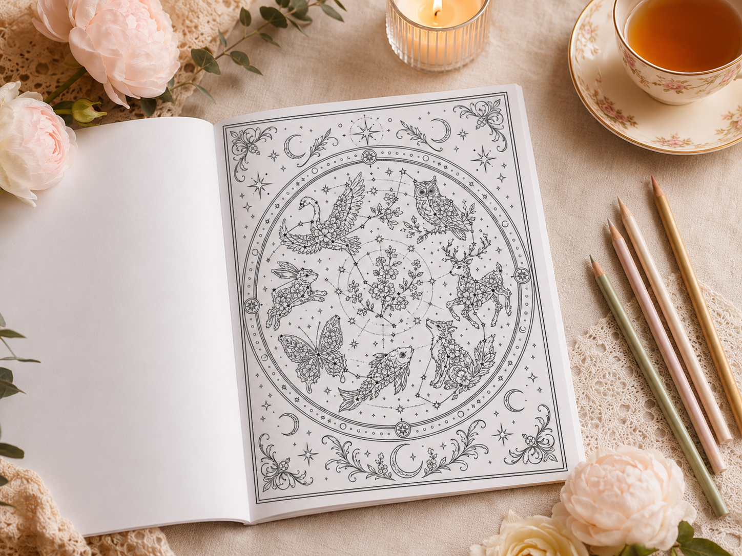 Still Hands coloring book open to celestial page with peonies and candle