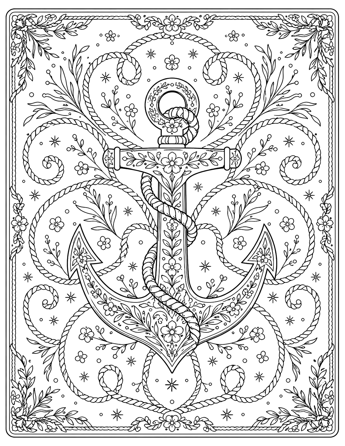 Anchor wrapped in rope and wildflowers — coloring page