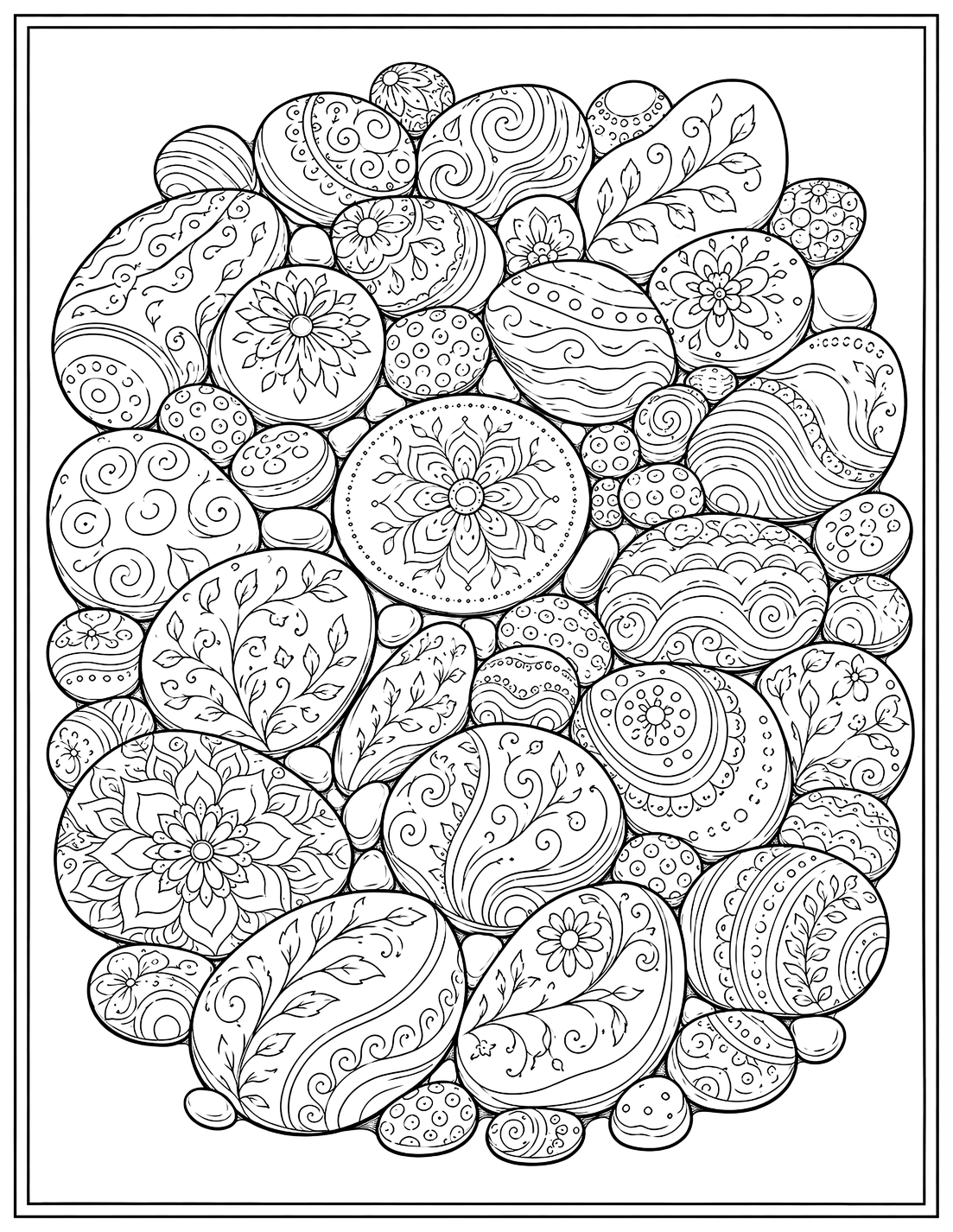 Pile of smooth stones filled with swirls and flowers — coloring page