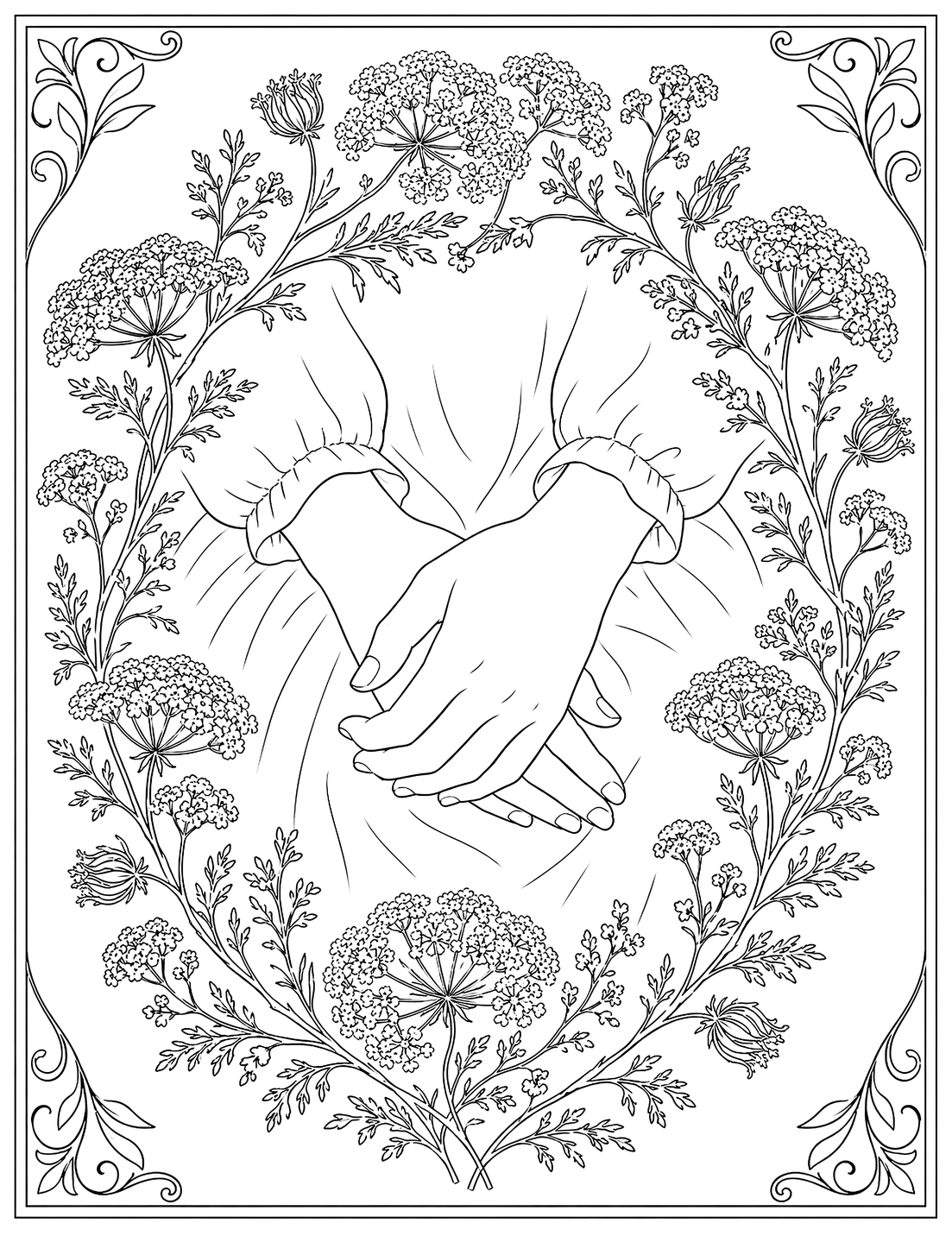 Two hands holding each other inside a wreath of wildflowers — coloring page