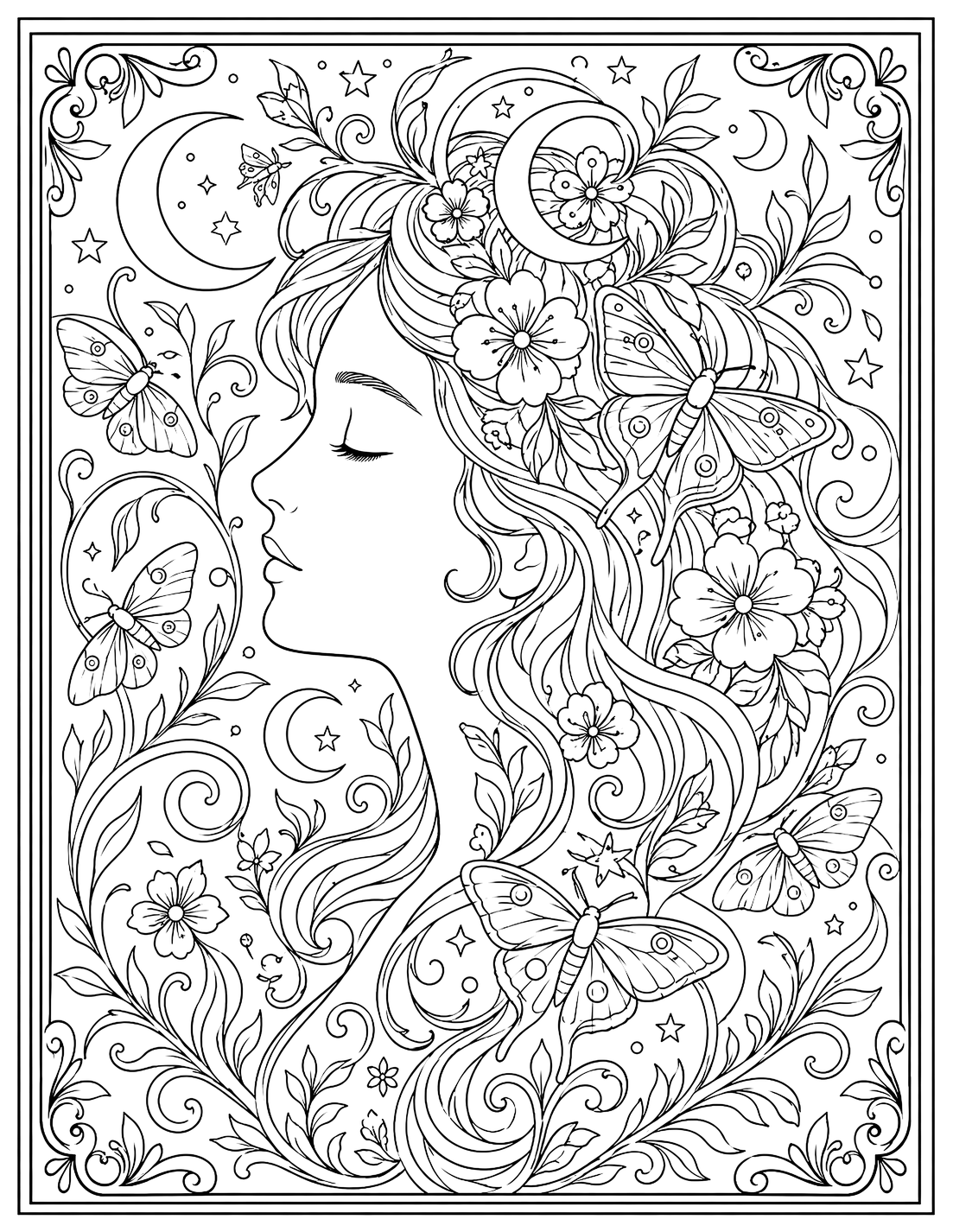Woman in profile with a crescent moon, butterflies, and flowers in her hair — coloring page