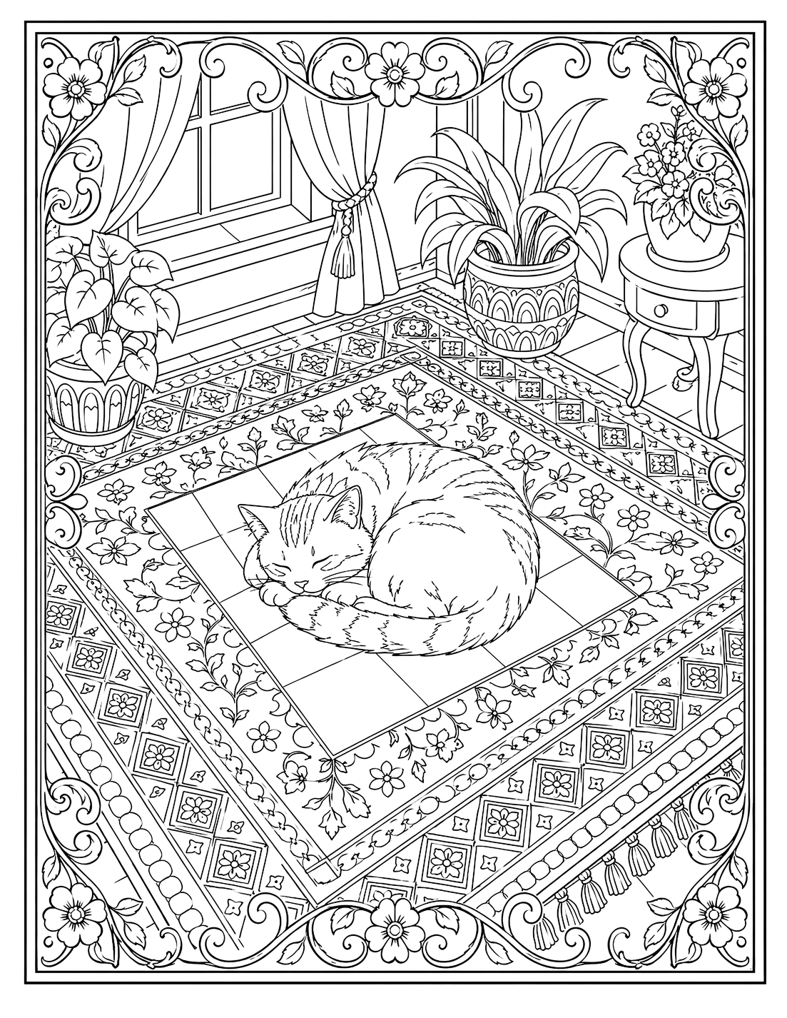 Cat asleep on a patterned rug beside a sunny window — coloring page