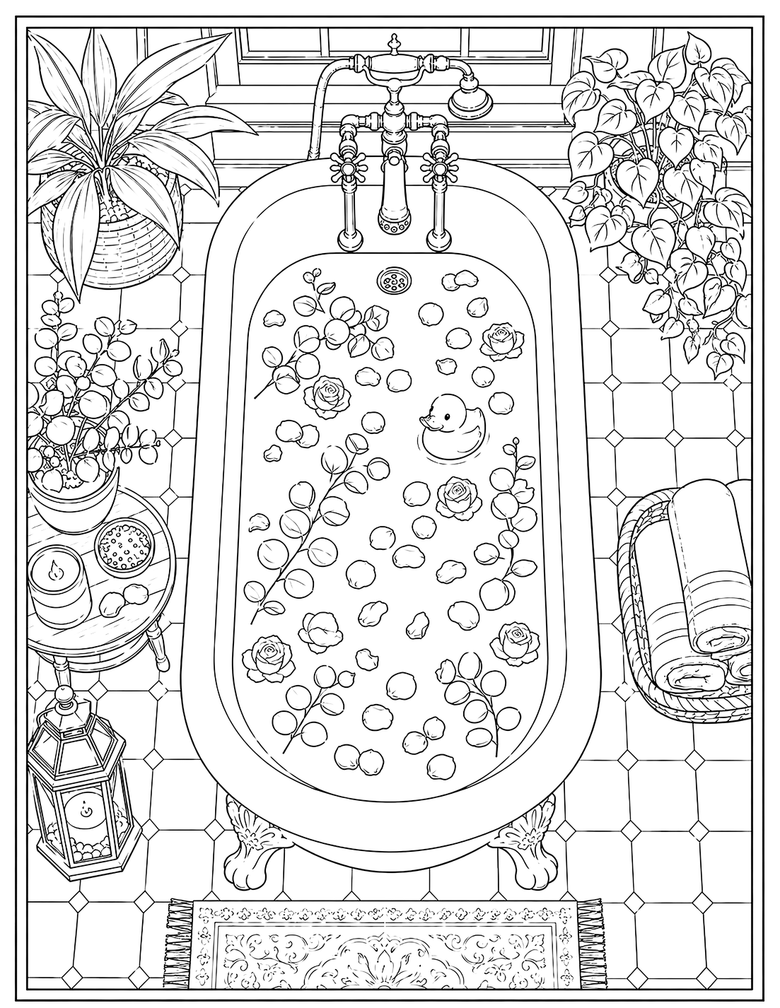 Clawfoot bath with floating petals, plants, and a rubber duck — coloring page