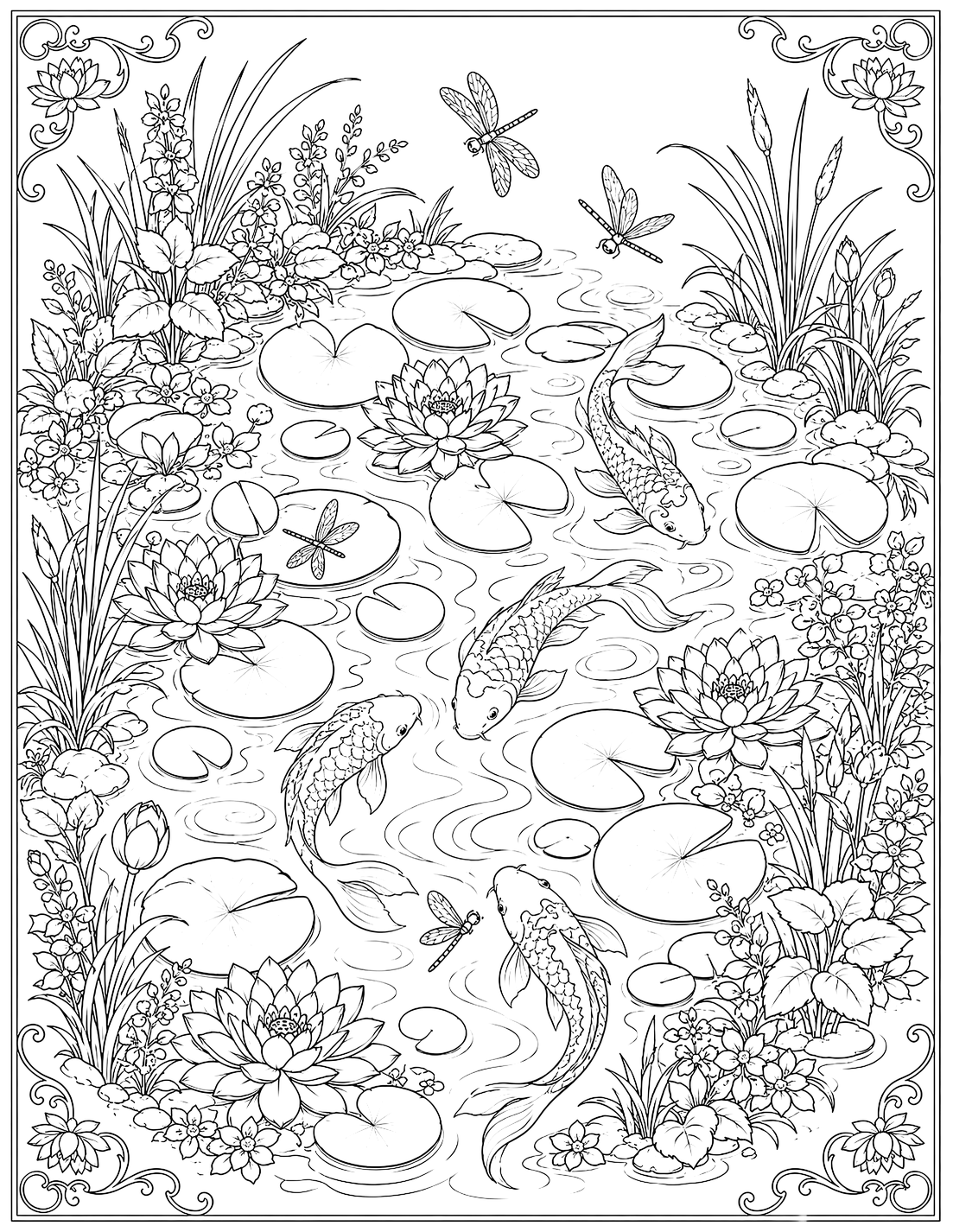 Koi pond with lily pads and dragonflies — coloring page