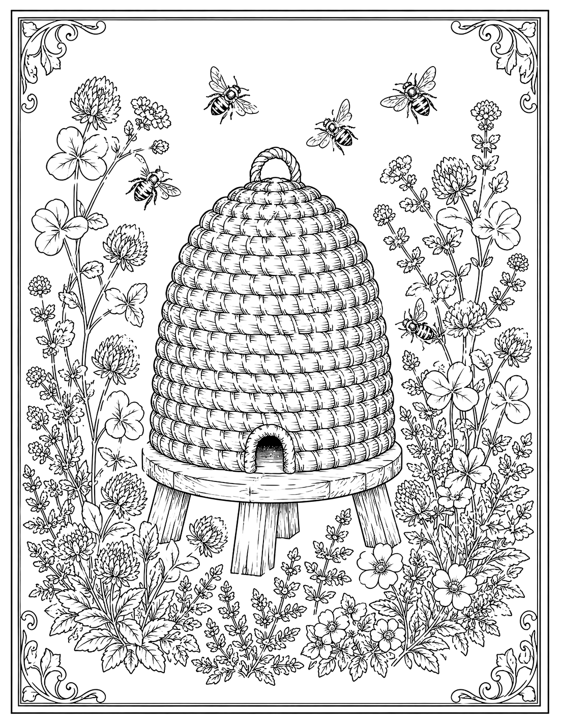 Straw beehive surrounded by clover, wildflowers, and bees — coloring page