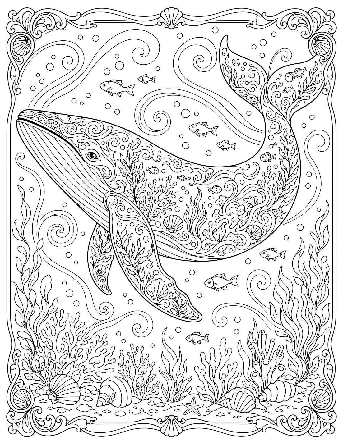 Whale swimming through swirling waves and seashells — coloring page