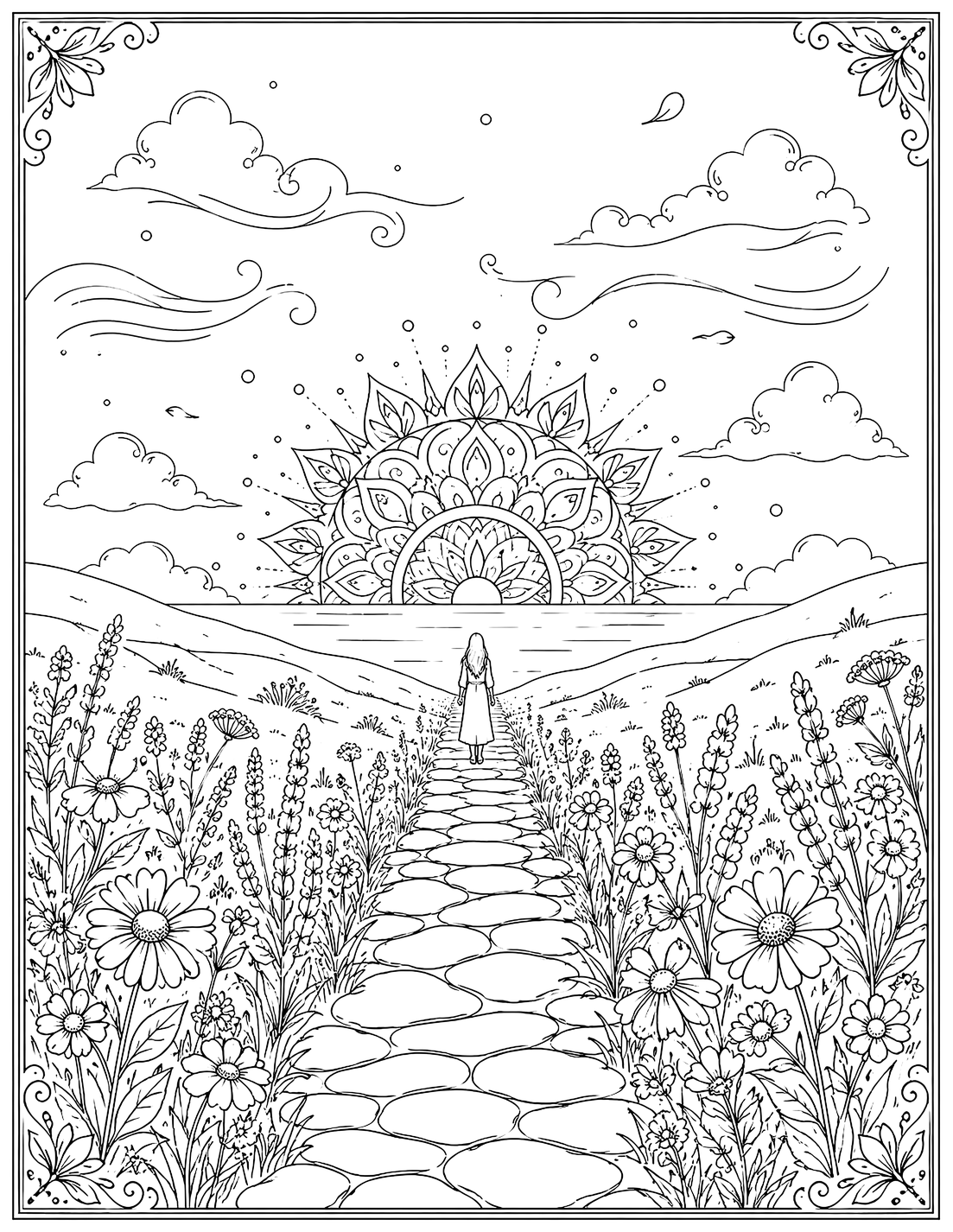 Stone path through wildflowers toward a rising sun — coloring page